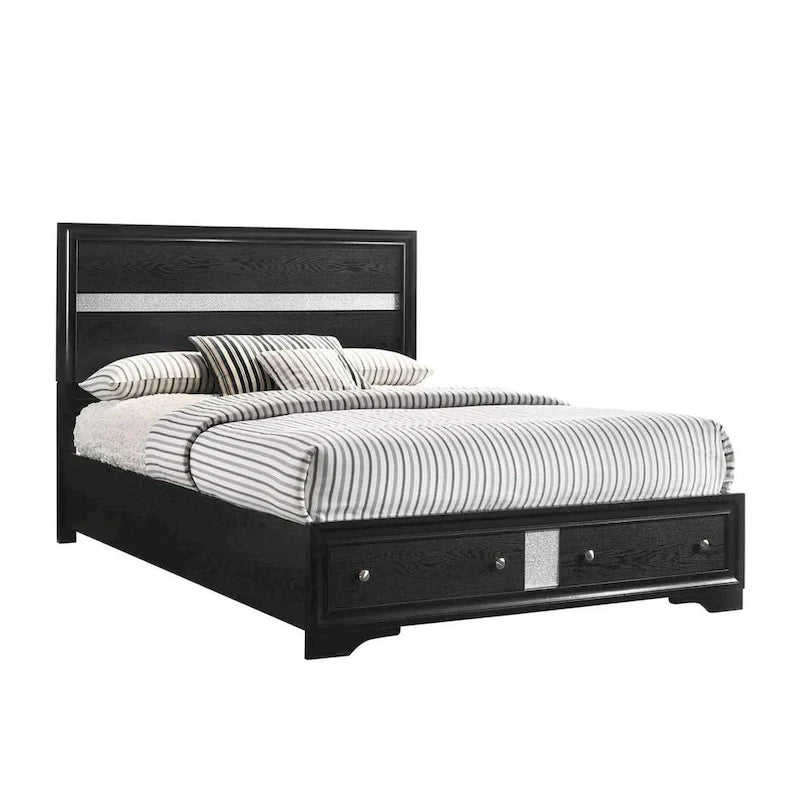 Lit King Size avec 2 Tiroirs de Rangement – Tête de Lit Rayée Argent & Bois Noir
