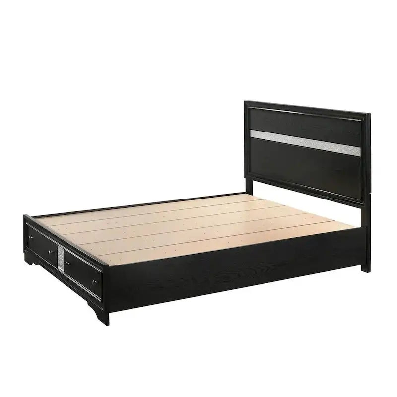 Lit King Size avec 2 Tiroirs de Rangement – Tête de Lit Rayée Argent & Bois Noir