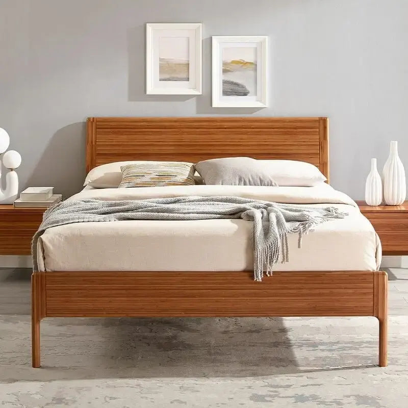 Lit plateforme King avec tête de lit capitonnée – Fini en tissu couleur cuivre intense