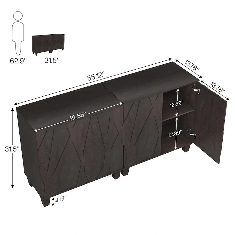 Bahut de 55 pouces, meuble de rangement en bois avec étagère réglable
