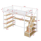 Lit mezzanine métallique de taille double avec escalier, bureau et étagères à 4 niveaux