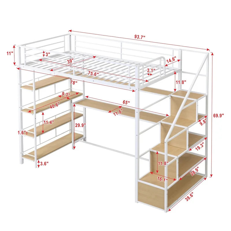 Lit mezzanine métallique de taille double avec escalier, bureau et étagères à 4 niveaux