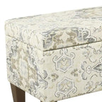 Banc en bois capitonné en tissu à motif médaillon avec rangement à charnière, grand, marron et crème
