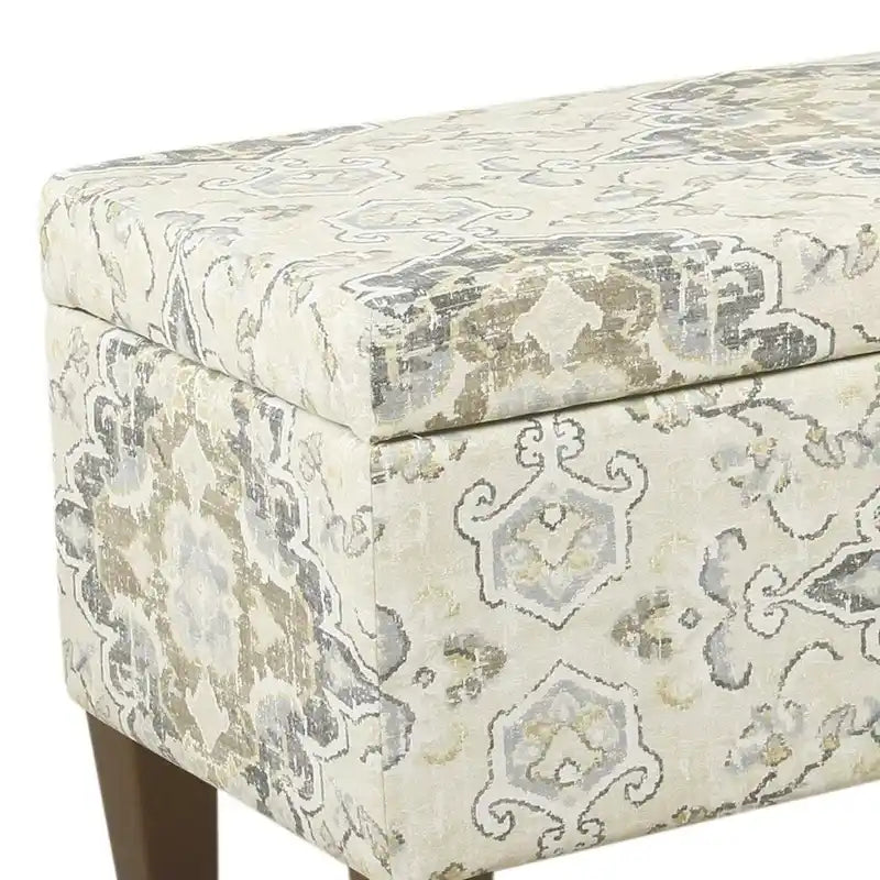 Banc en bois capitonné en tissu à motif médaillon avec rangement à charnière, grand, marron et crème