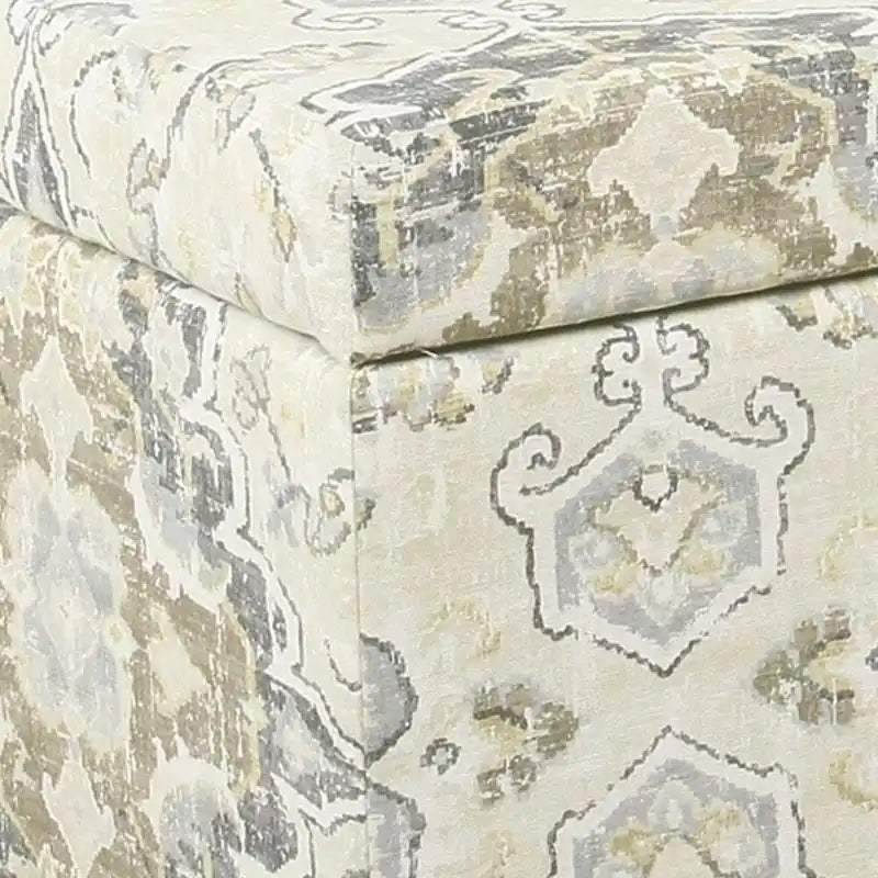 Banc en bois capitonné en tissu à motif médaillon avec rangement à charnière, grand, marron et crème