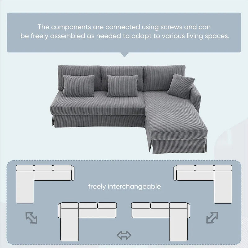 Canapé d'angle moderne en velours côtelé avec méridienne réversible – Canapé modulable