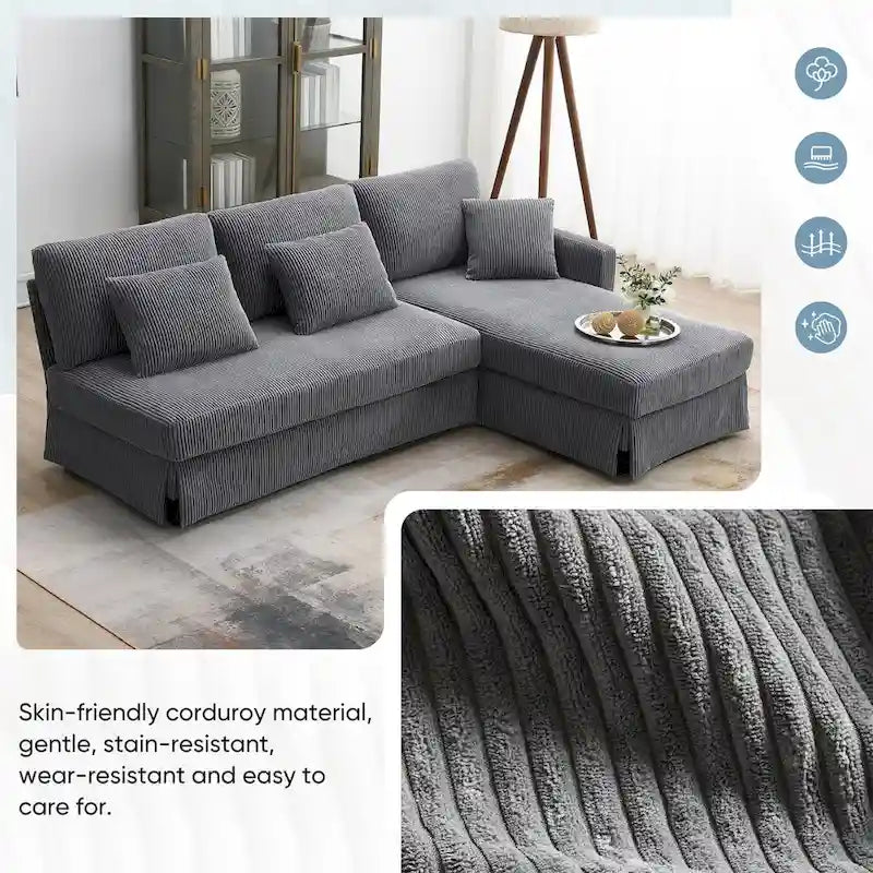 Canapé d'angle moderne en velours côtelé avec méridienne réversible – Canapé modulable