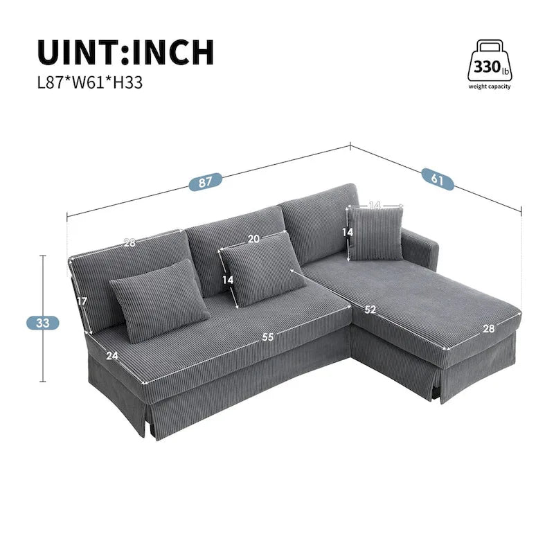 Canapé d'angle moderne en velours côtelé avec méridienne réversible – Canapé modulable