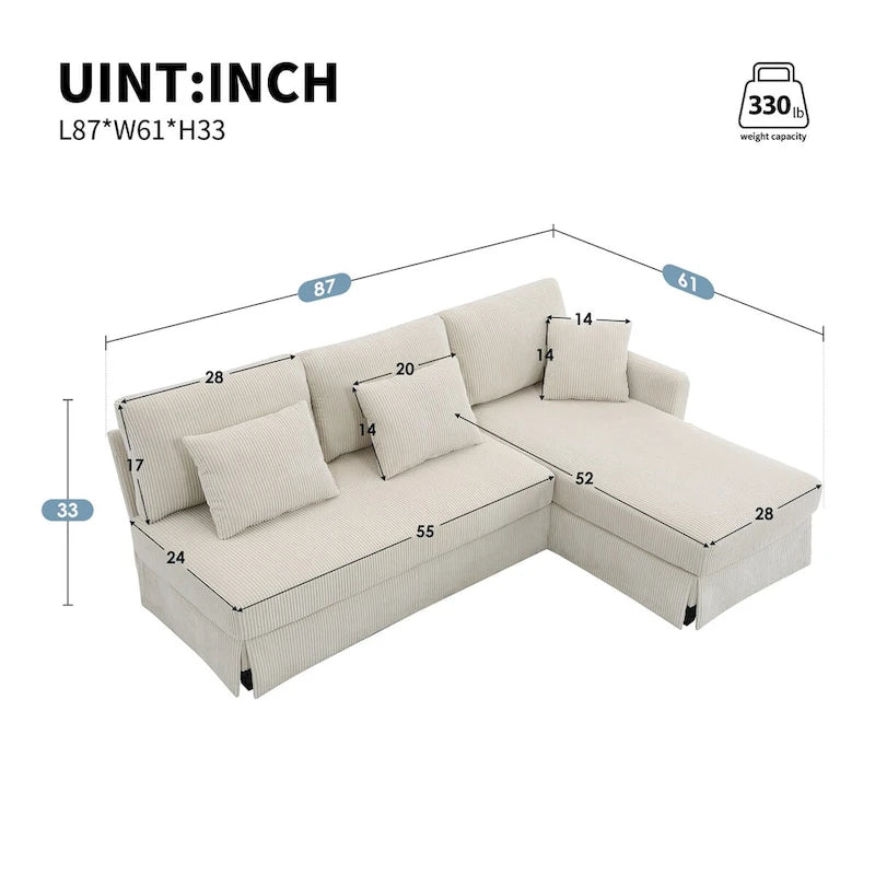 Canapé d'angle moderne en velours côtelé avec méridienne réversible – Canapé modulable