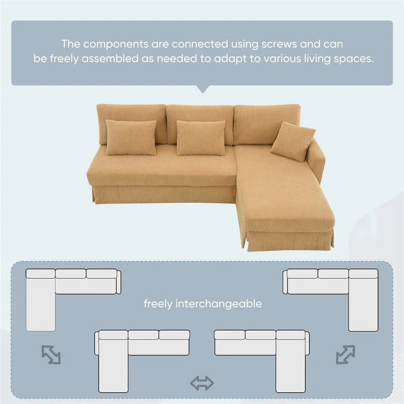 Canapé d'angle moderne en velours côtelé avec méridienne réversible – Canapé modulable