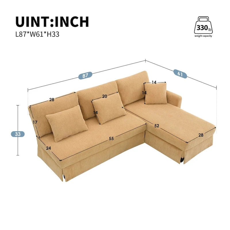 Canapé d'angle moderne en velours côtelé avec méridienne réversible – Canapé modulable