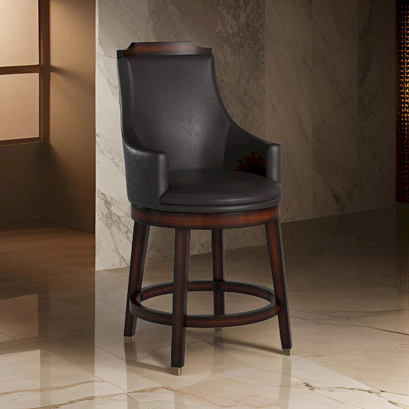 Chaises de comptoir en bois et cuir avec mécanisme pivotant, marron et noir, lot de 2